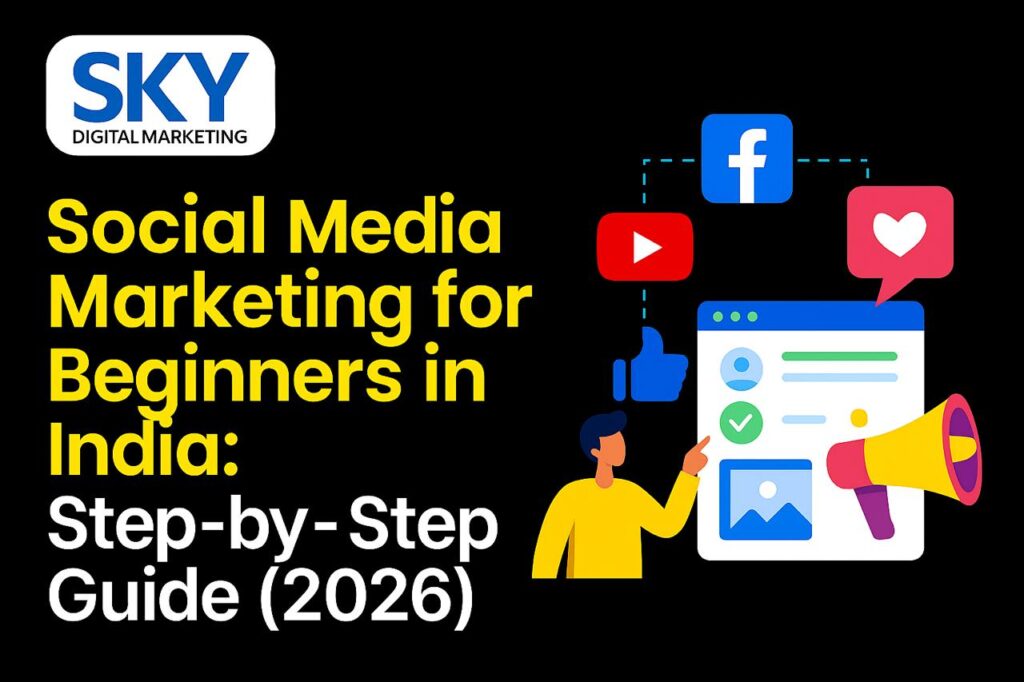 Social media marketing for beginners in India illustrated with icons like Facebook, YouTube, likes, and content creation in a step-by-step guide