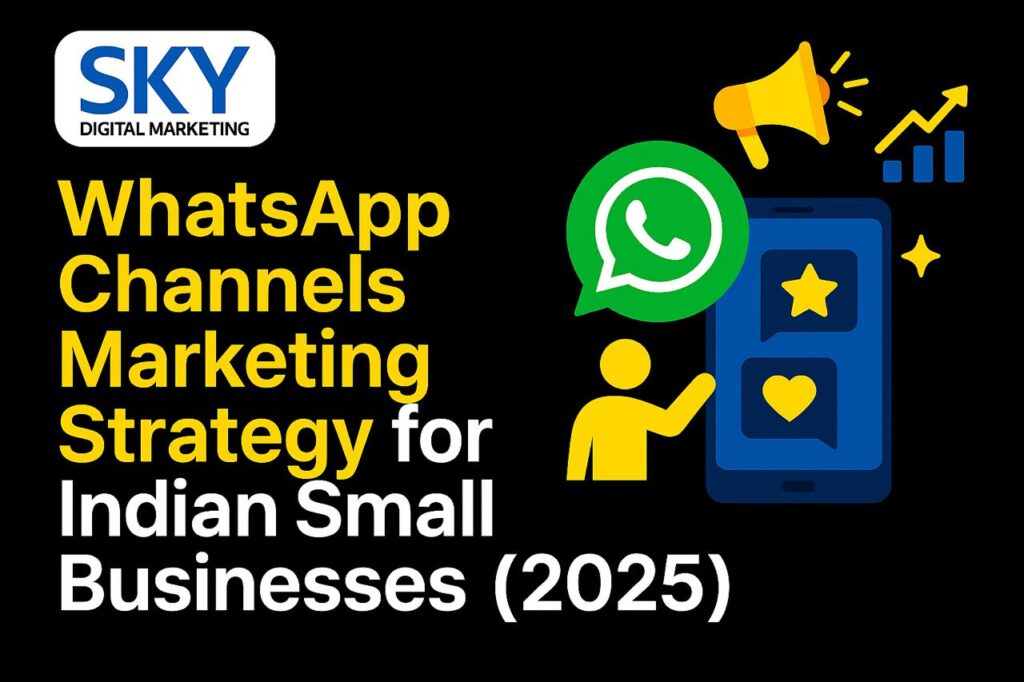 WhatsApp Channels marketing strategy for Indian small businesses in 2025 with promotion icons, engagement symbols, and WhatsApp branding.