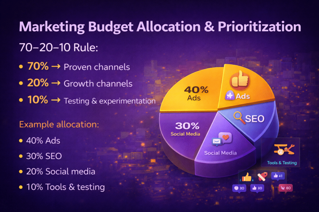 Digital marketing cost for small business in India showing marketing budget allocation and 70-20-10 rule