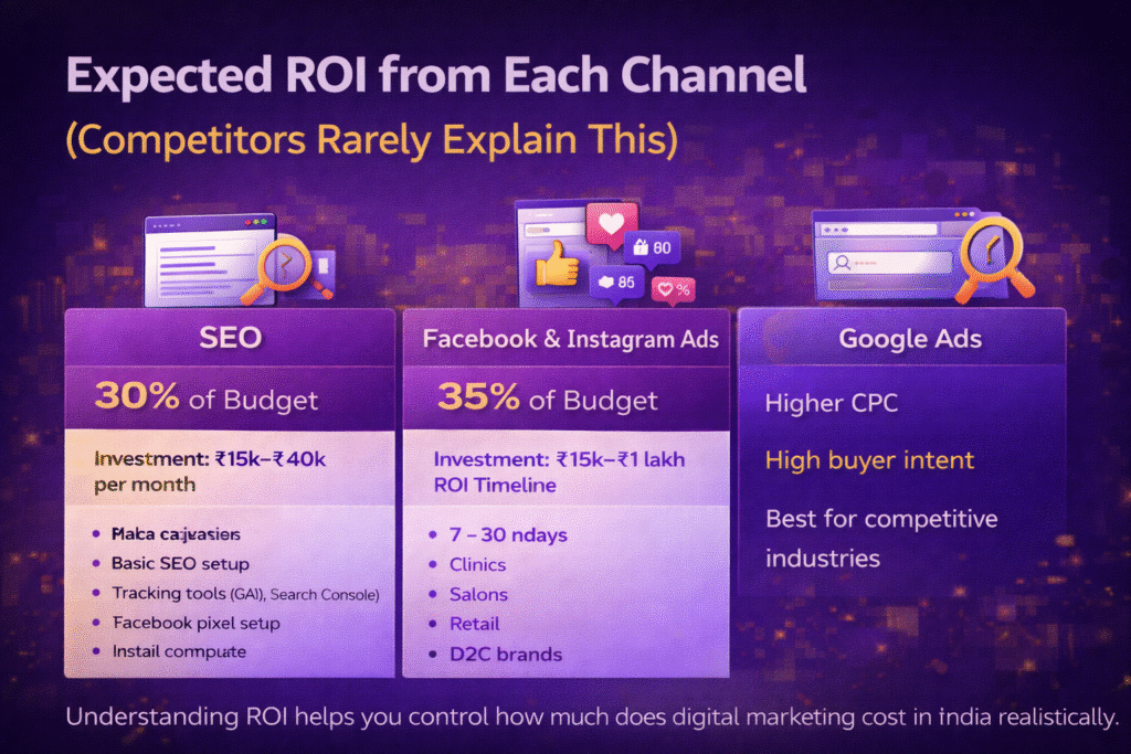 How much does digital marketing cost in India with ROI comparison of SEO, Facebook Ads and Google Ads